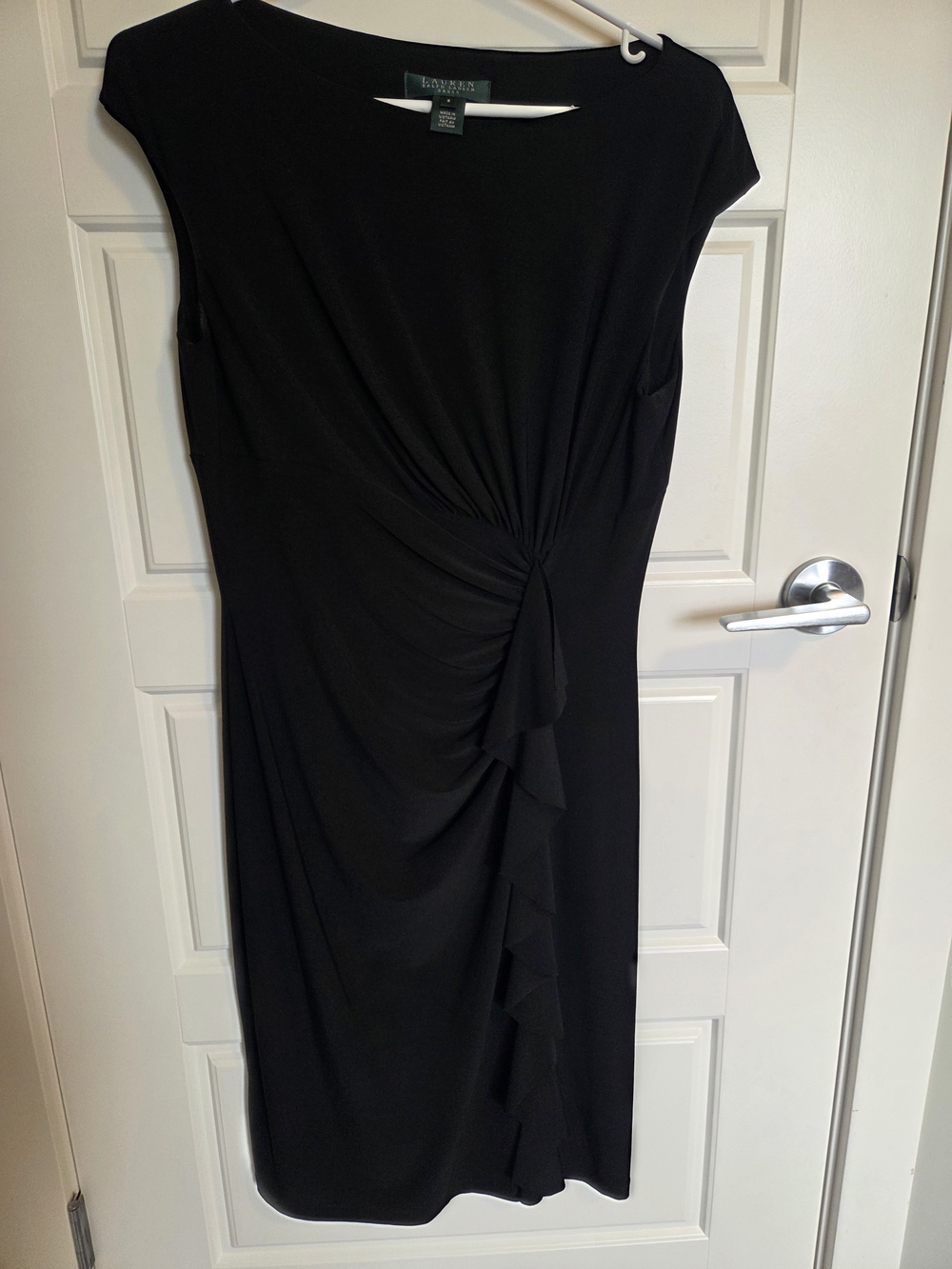 Ralph Lauren Black Ruched Midi Dress with Side Cascade